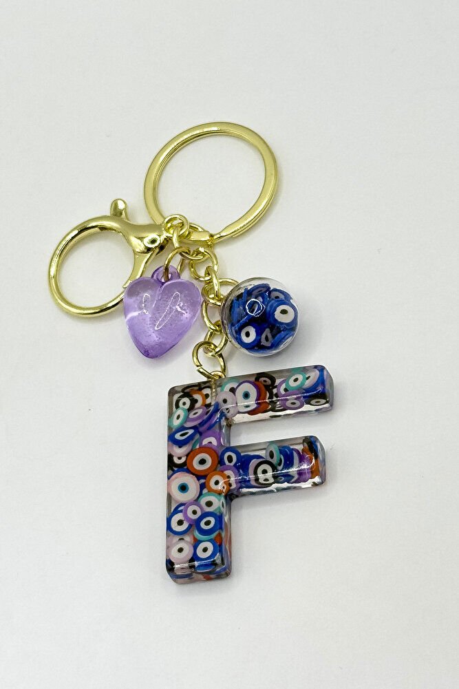 Colorful Evil Eye Beaded Letter F Keychain, Handmade Gift Bag Ornament