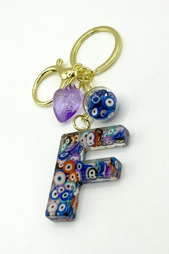 Colorful Evil Eye Beaded Letter F Keychain, Handmade Gift Bag Ornament