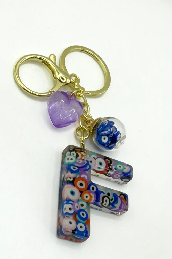 Colorful Evil Eye Beaded Letter F Keychain, Handmade Gift Bag Ornament