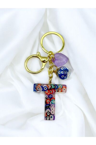 Colorful Evil Eye Beaded Letter T Keychain, Handmade Gift Bag Ornament