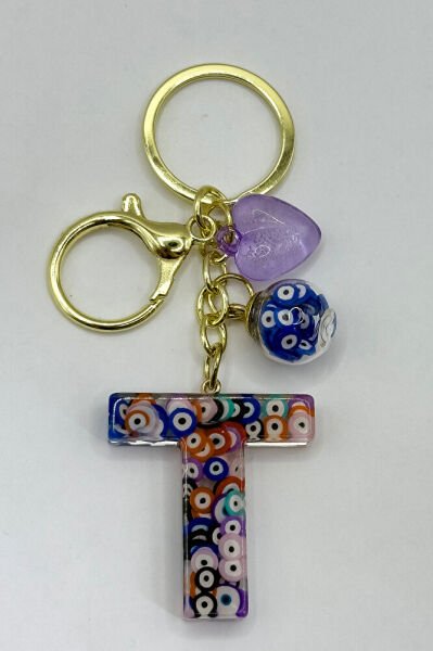 Colorful Evil Eye Beaded Letter T Keychain, Handmade Gift Bag Ornament