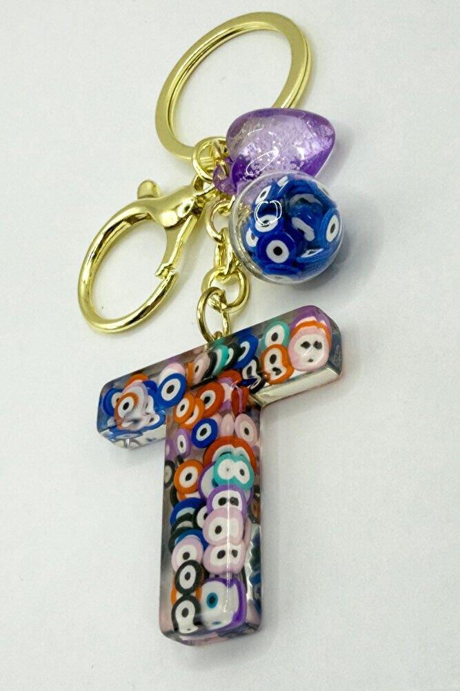 Renkli Nazar Boncuklu T Harfi Anahtarlık, El Yapımı Hediyelik Çanta Süsü