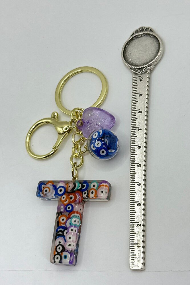 Renkli Nazar Boncuklu T Harfi Anahtarlık, El Yapımı Hediyelik Çanta Süsü