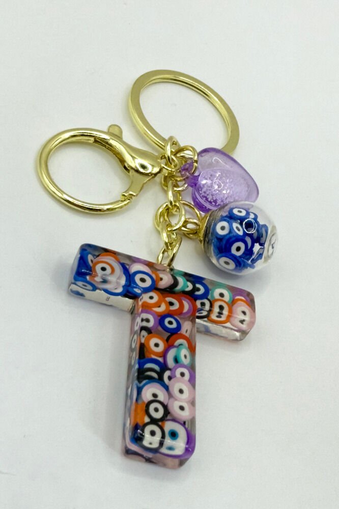 Renkli Nazar Boncuklu T Harfi Anahtarlık, El Yapımı Hediyelik Çanta Süsü