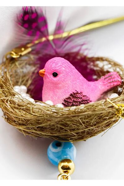 Tamamı El Yapımı Tüylü Sevimli Kuş Yuvası Araba Dikiz Ayna Süsü, Hediyelik Yeni Araba Hediyesi