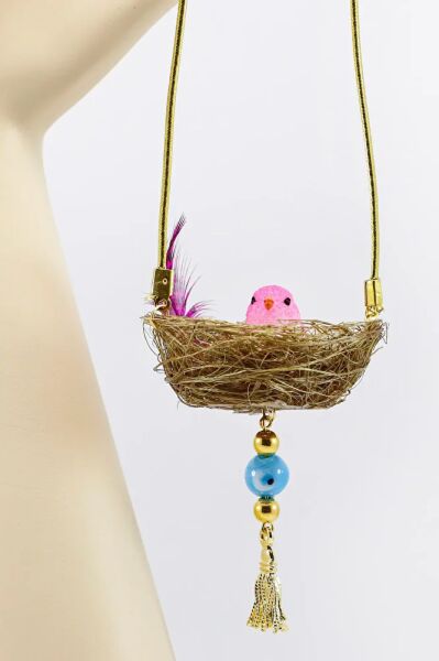 Tamamı El Yapımı Tüylü Sevimli Kuş Yuvası Araba Dikiz Ayna Süsü, Hediyelik Yeni Araba Hediyesi