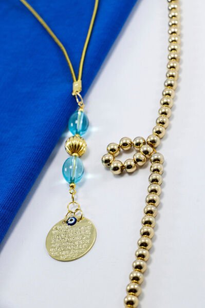 Şeffaf Cam Boncuklu Metal Ayet'el Kürsi Araba Dikiz Ayna Süsü, Nazar Boncuklu