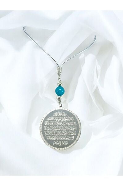 Turquoise Natural Stone Silver Color Steel Double Sided Ayetel Kursi Felak Nas Ihlas Car Mirror Ornament 4.5cm