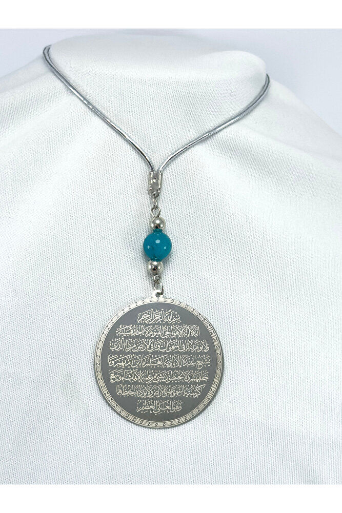 Turquoise Natural Stone Silver Color Steel Double Sided Ayetel Kursi Felak Nas Ihlas Car Mirror Ornament 4.5cm