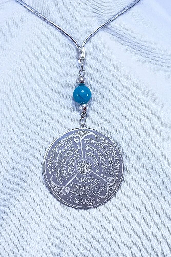 Turquoise Natural Stone Silver Color Steel Double Sided Ayetel Kursi Felak Nas Ihlas Car Mirror Ornament 4.5cm