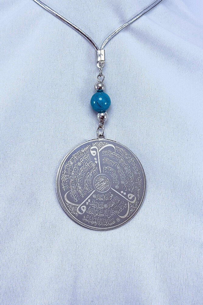 Turquoise Natural Stone Silver Color Steel Double Sided Ayetel Kursi Felak Nas Ihlas Car Mirror Ornament 4.5cm