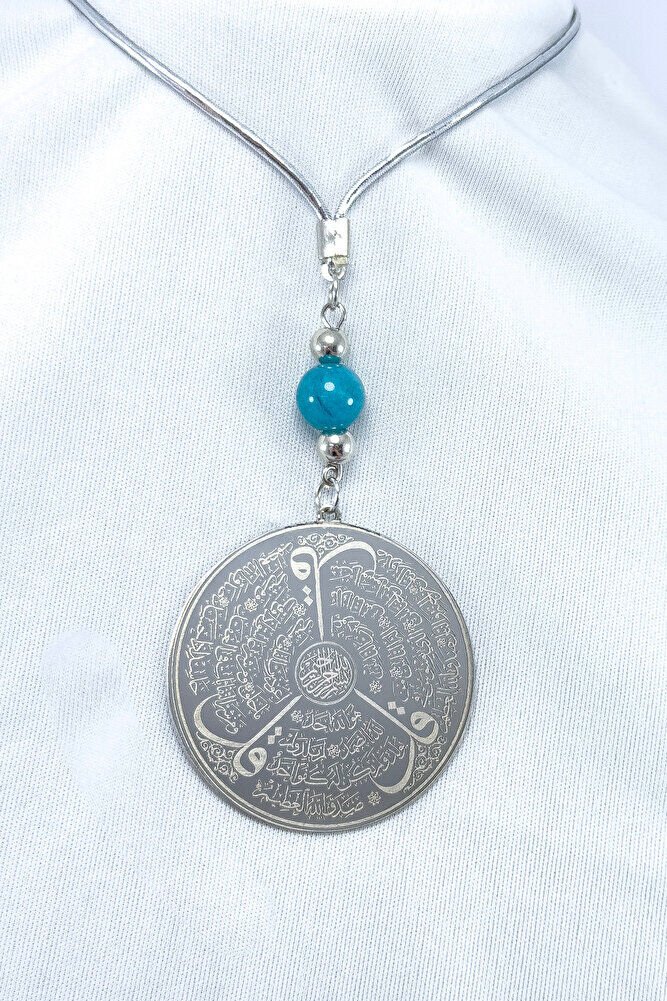 Turquoise Natural Stone Silver Color Steel Double Sided Ayetel Kursi Felak Nas Ihlas Car Mirror Ornament 4.5cm