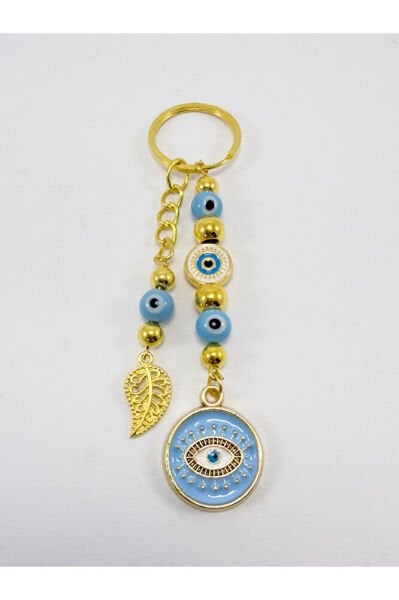 Metal Keychain with Light Blue Glass Evil Eye Bead, Handmade Gift Bag Ornament