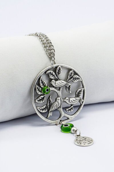 El Yapımı Yeşil Cam Nazar Boncuklu Metal Kuşlar Araba Dikiz Ayna Süsü