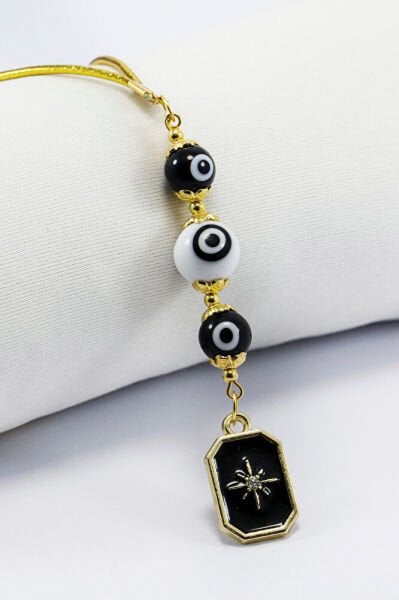 El Yapımı Cam siyah Beyaz Nazar Boncuklu Metal Kuzey Yıldızı Araba Dikiz Ayna Süsü