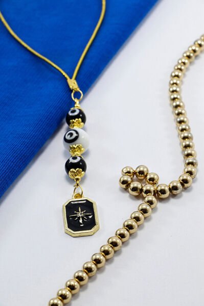 El Yapımı Cam siyah Beyaz Nazar Boncuklu Metal Kuzey Yıldızı Araba Dikiz Ayna Süsü