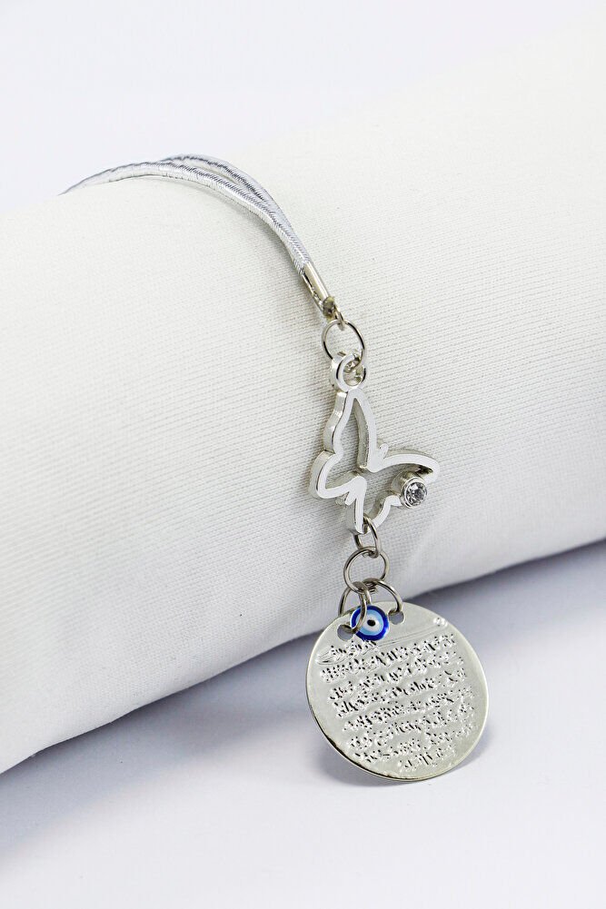 Gümüş Renkli Parlak Taşlı Kelebek Metal Ayet'el Kürsi Dualı Nazar Boncuklu Araba Dikiz Ayna Süsü