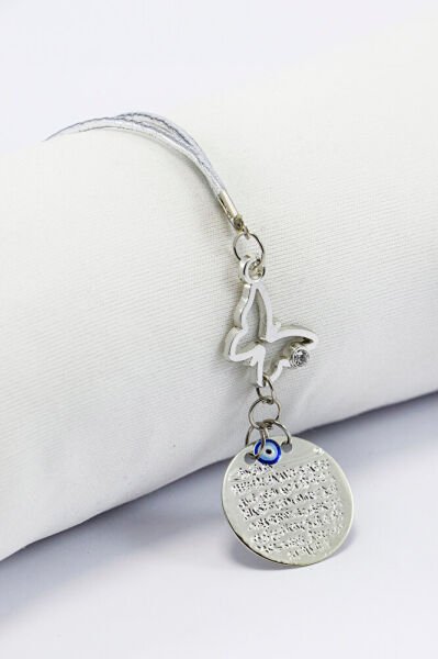 Gümüş Renkli Parlak Taşlı Kelebek Metal Ayet'el Kürsi Dualı Nazar Boncuklu Araba Dikiz Ayna Süsü