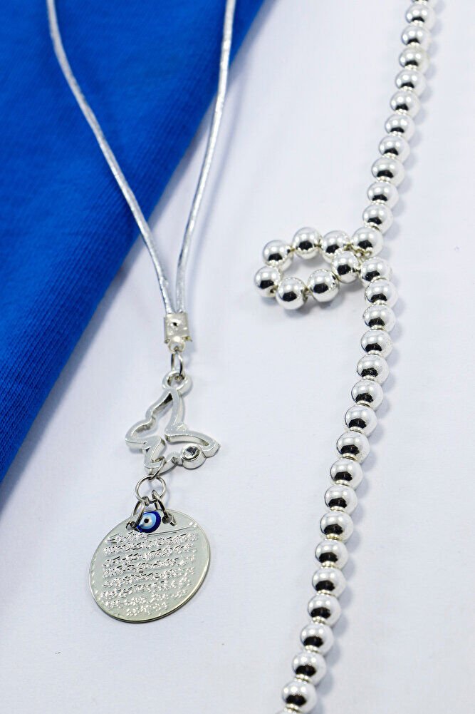 Gümüş Renkli Parlak Taşlı Kelebek Metal Ayet'el Kürsi Dualı Nazar Boncuklu Araba Dikiz Ayna Süsü