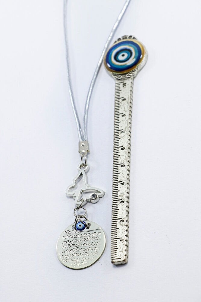 Gümüş Renkli Parlak Taşlı Kelebek Metal Ayet'el Kürsi Dualı Nazar Boncuklu Araba Dikiz Ayna Süsü