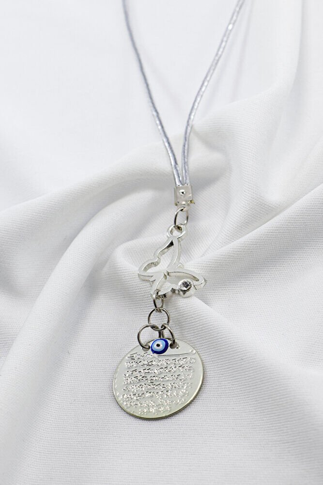 Gümüş Renkli Parlak Taşlı Kelebek Metal Ayet'el Kürsi Dualı Nazar Boncuklu Araba Dikiz Ayna Süsü