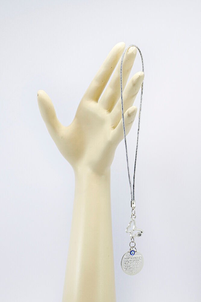 Gümüş Renkli Parlak Taşlı Kelebek Metal Ayet'el Kürsi Dualı Nazar Boncuklu Araba Dikiz Ayna Süsü