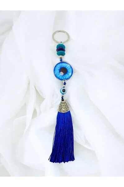 Blue Epoxy Evil Eye Beaded Large Keychain, Handmade Gift Accessory Rearview Mirror Ornament