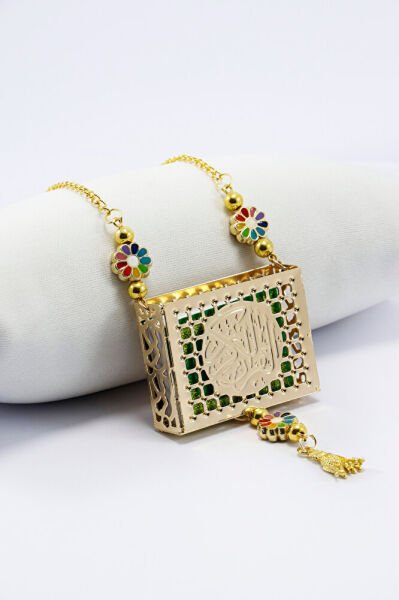 Ajurlu Metal Kaplı Minyatür Kur' an-ı Kerim Araba Dikiz Ayna Süsü, Renkli Çiçekli Püsküllü Hediyelik