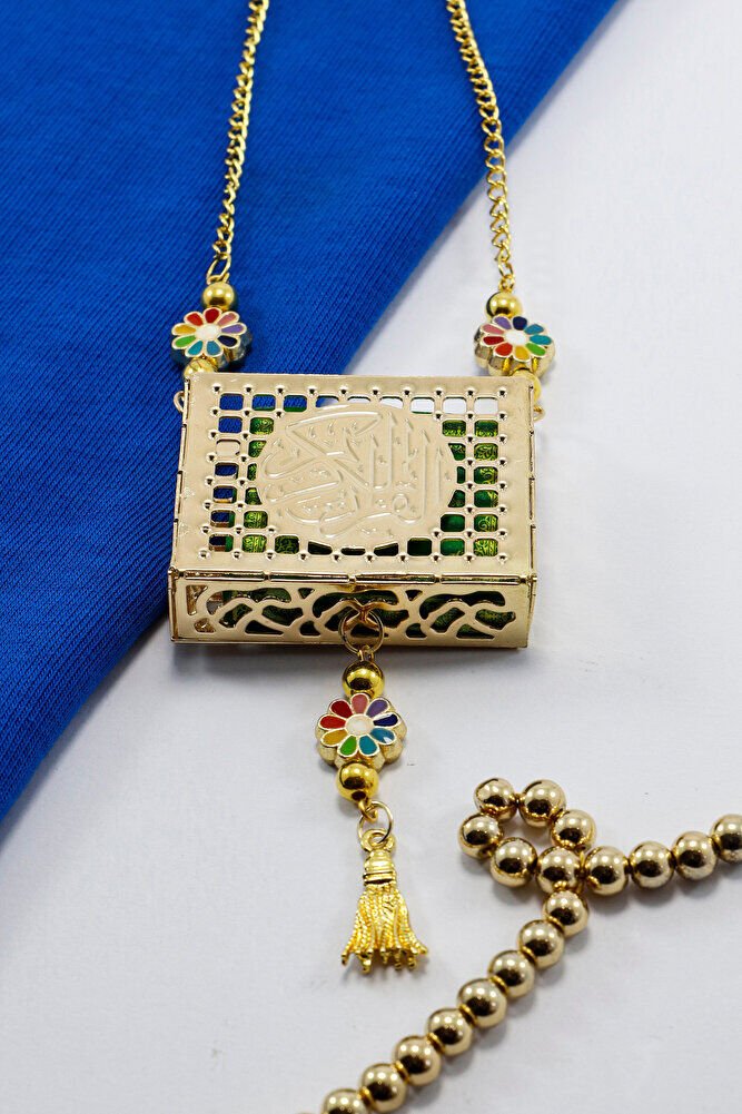 Ajurlu Metal Kaplı Minyatür Kur' an-ı Kerim Araba Dikiz Ayna Süsü, Renkli Çiçekli Püsküllü Hediyelik