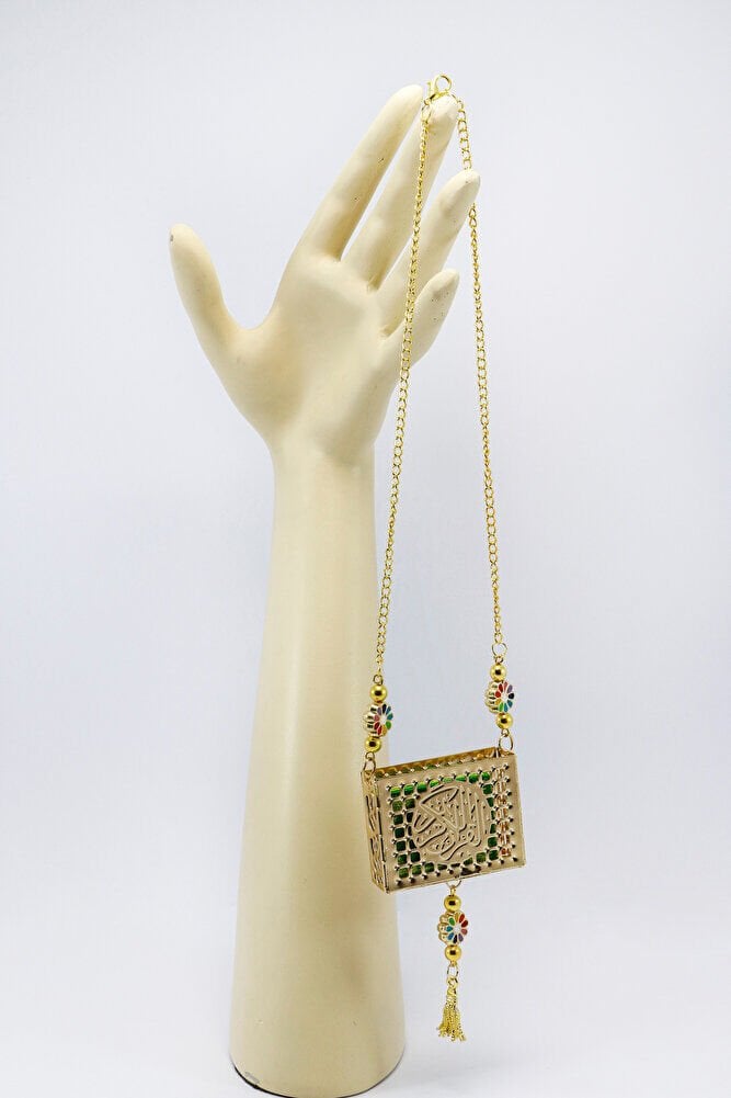 Ajurlu Metal Kaplı Minyatür Kur' an-ı Kerim Araba Dikiz Ayna Süsü, Renkli Çiçekli Püsküllü Hediyelik