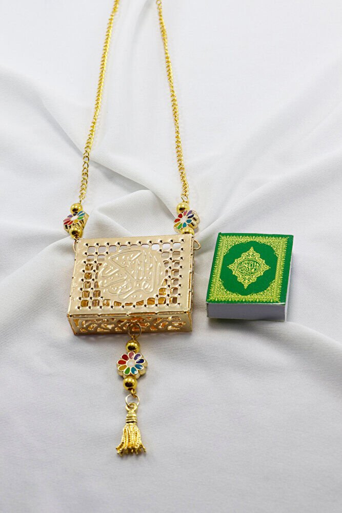 Ajurlu Metal Kaplı Minyatür Kur' an-ı Kerim Araba Dikiz Ayna Süsü, Renkli Çiçekli Püsküllü Hediyelik