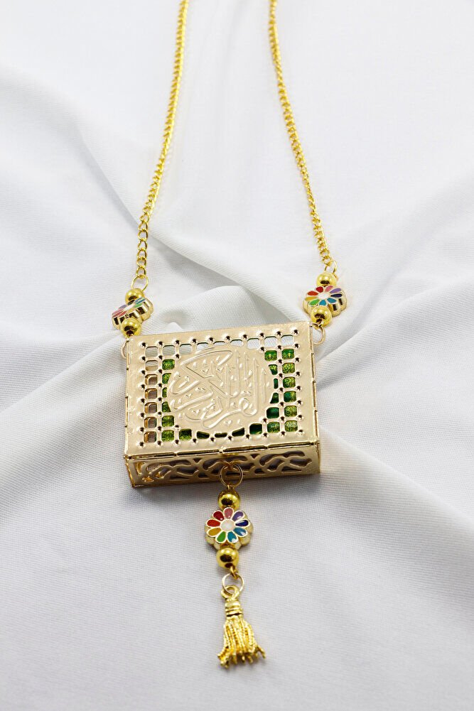 Ajurlu Metal Kaplı Minyatür Kur' an-ı Kerim Araba Dikiz Ayna Süsü, Renkli Çiçekli Püsküllü Hediyelik