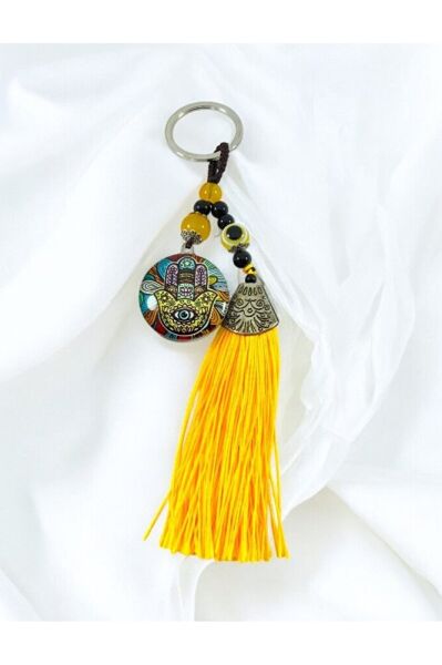 Colorful Hamse Fatima Hand Keychain with Yellow Evil Eye Bead, Gift Accessory