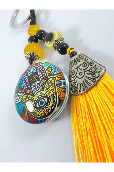 Colorful Hamse Fatima Hand Keychain with Yellow Evil Eye Bead, Gift Accessory