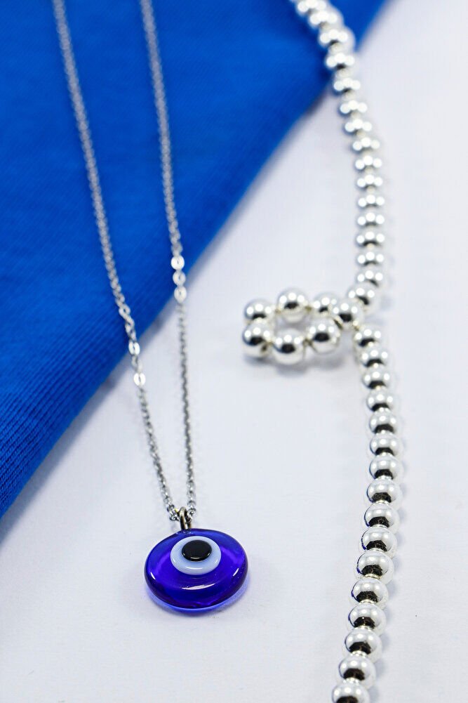 El Yapımı cam Mavi Nazar Boncuklu 316L Paslanmaz Çelik Kolye, Zincir 60 cm, Gümüş Renkli