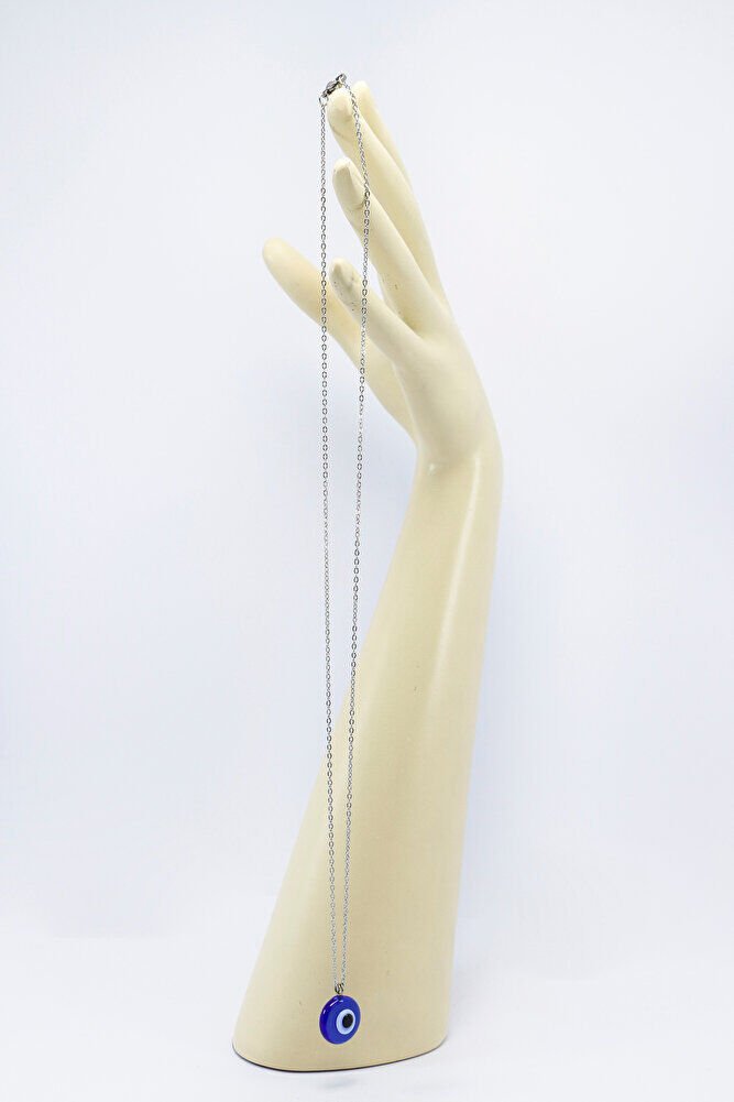 El Yapımı cam Mavi Nazar Boncuklu 316L Paslanmaz Çelik Kolye, Zincir 60 cm, Gümüş Renkli