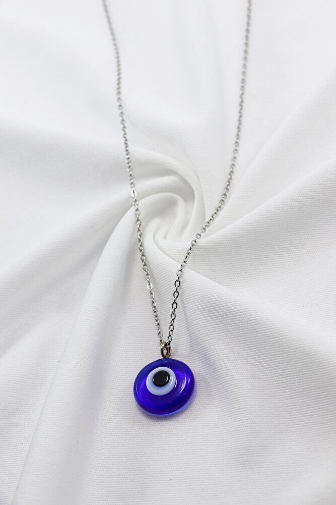 El Yapımı cam Mavi Nazar Boncuklu 316L Paslanmaz Çelik Kolye, Zincir 60 cm, Gümüş Renkli