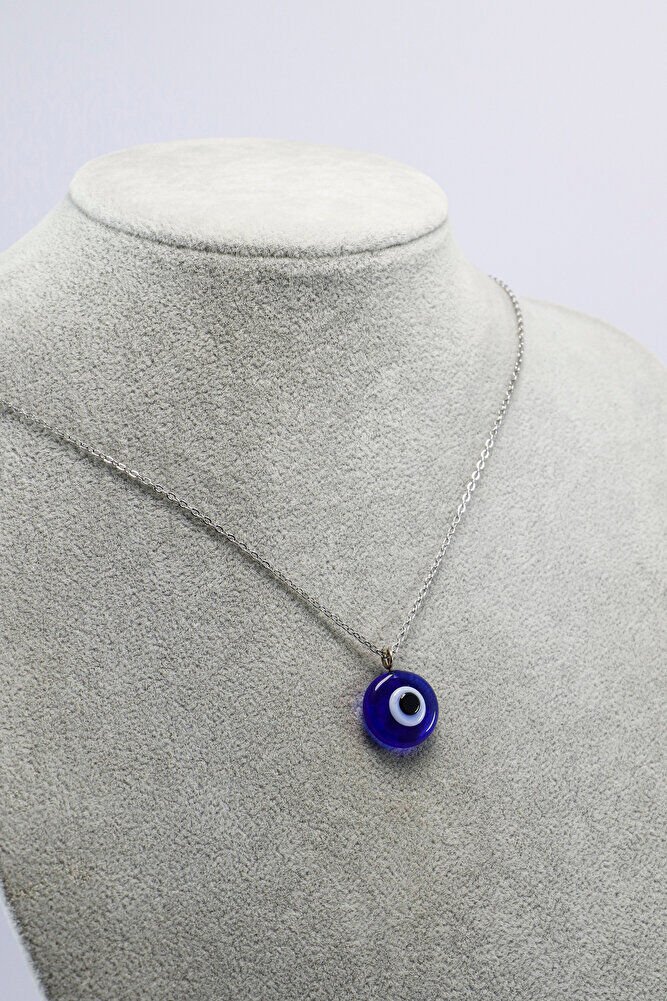 El Yapımı cam Mavi Nazar Boncuklu 316L Paslanmaz Çelik Kolye, Zincir 60 cm, Gümüş Renkli