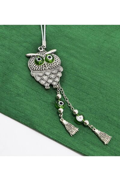 El Yapımı Yeşil Yassı Nazar Gözlü Püsküllü Baykuş Araba Dikiz Ayna Süsü, Yeni Araba Hediyesi