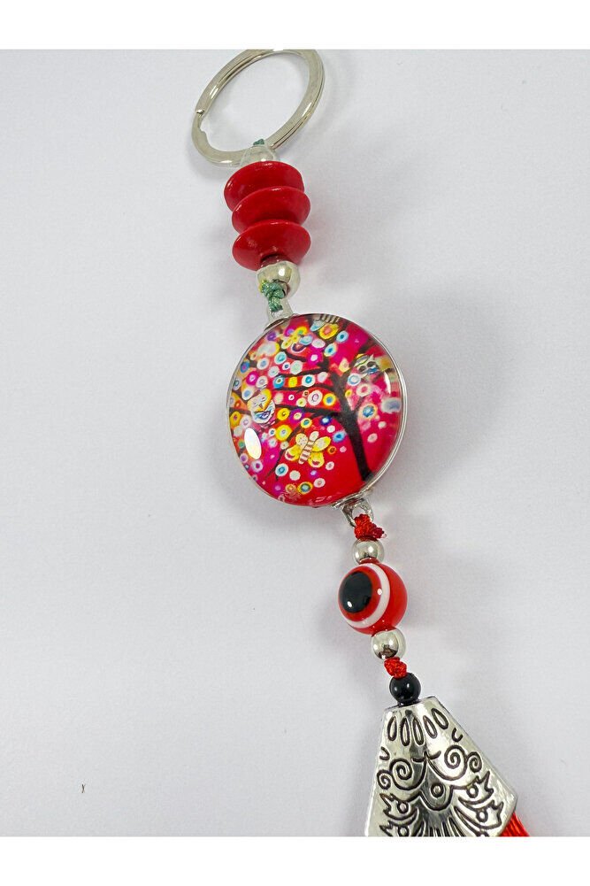 Colorful Tree of Life Keychain with Red Evil Eye Bead, Gift Accessory