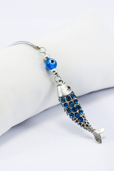 Turkuaz Parlak Taşlı Balık Turkuaz Cam Nazar BoncuğuAraba Dikiz Ayna Süsü, Yeni Araba Hediyesi