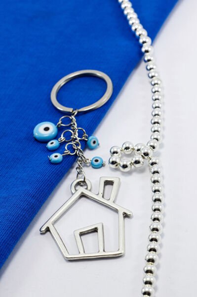Metal Ev El Yapımı Cam Nazar Boncuklu Anahtarlık, Yeni Ev Evlilik Hediyesi
