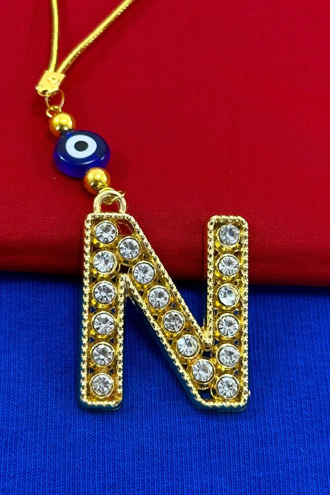 Gold Renkli Parlak Taşlı N Harfi Araba Dikiz Ayna Süsü, Hediyelik Araba Süsü