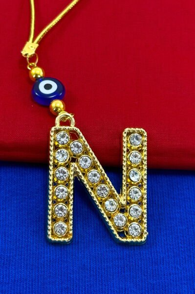 Gold Renkli Parlak Taşlı N Harfi Araba Dikiz Ayna Süsü, Hediyelik Araba Süsü