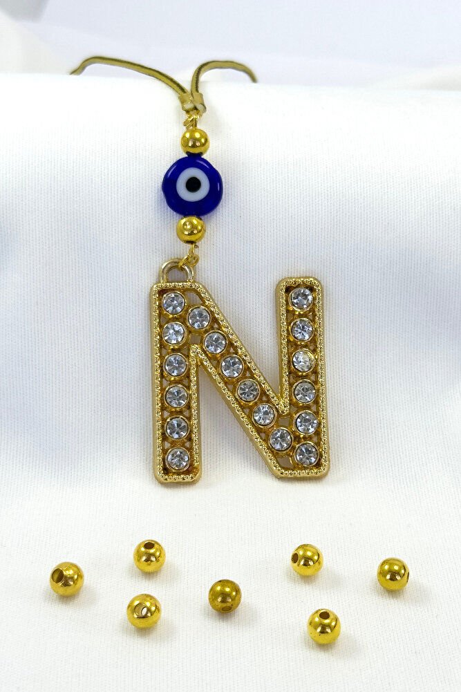 Gold Renkli Parlak Taşlı N Harfi Araba Dikiz Ayna Süsü, Hediyelik Araba Süsü