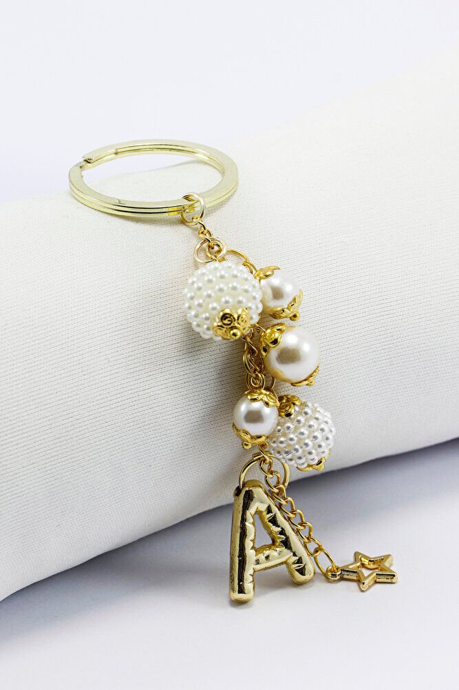 İncili Bombeli Metal A Harfli Dikiz Ayna Süsü, Kişiye Özel Gold Renkli Yeni Araba Hediyesi