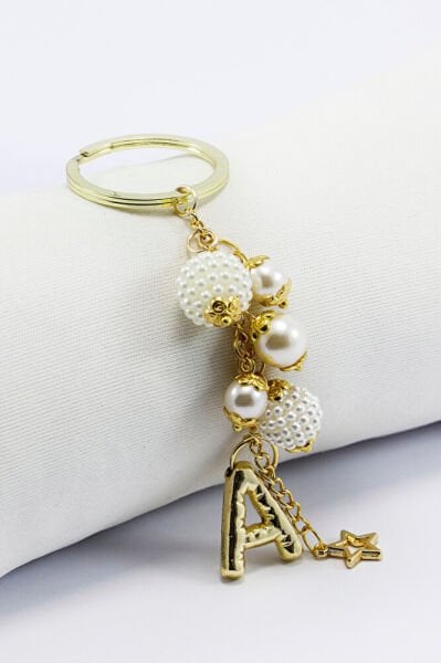 İncili Bombeli Metal A Harfli Dikiz Ayna Süsü, Kişiye Özel Gold Renkli Yeni Araba Hediyesi