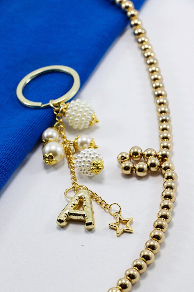 İncili Bombeli Metal A Harfli Dikiz Ayna Süsü, Kişiye Özel Gold Renkli Yeni Araba Hediyesi