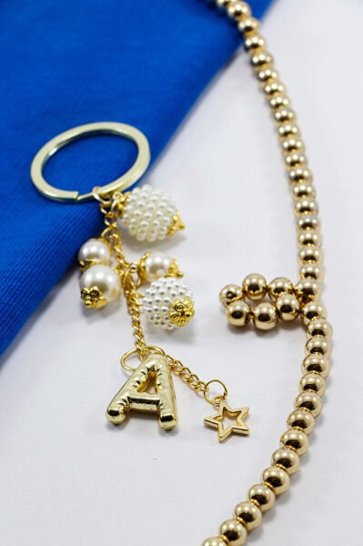 İncili Bombeli Metal A Harfli Dikiz Ayna Süsü, Kişiye Özel Gold Renkli Yeni Araba Hediyesi