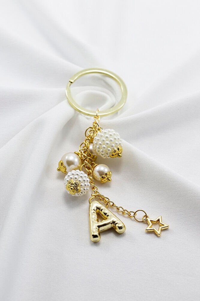 İncili Bombeli Metal A Harfli Dikiz Ayna Süsü, Kişiye Özel Gold Renkli Yeni Araba Hediyesi